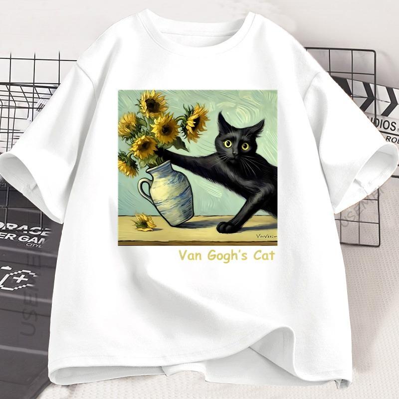 The Latest Unisexs Pure Cotton Tshirt Of 2025 Van Goghs Cat Comfortable Breathable Highquality Beach Travel Party