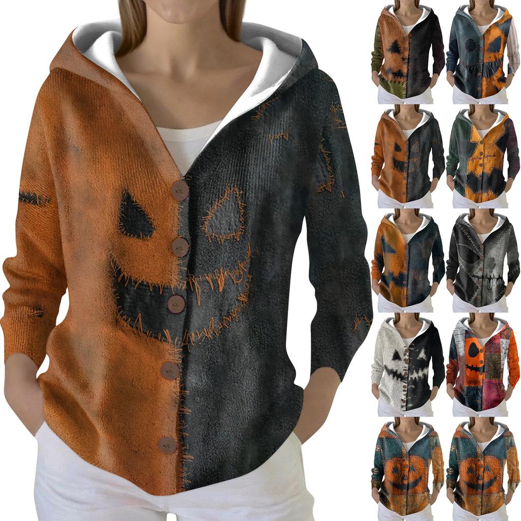 Women's Fashion Casual Sweater Button-Up Print Cardigan  Hooded Jacket