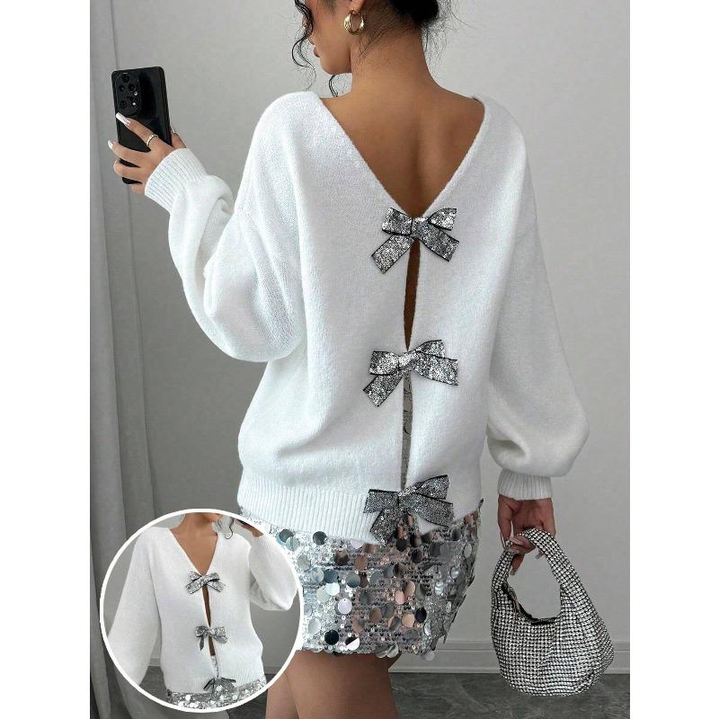 Fashion Sequined Bow Loose Long-sleeved Niche Knitted Sweater Cardigan