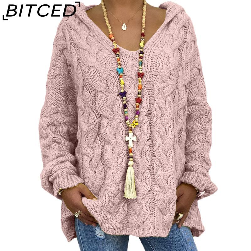 

BITCED Fall/Winter Solid Color Cable-Knit Hoodie Sweatshirt for Women S