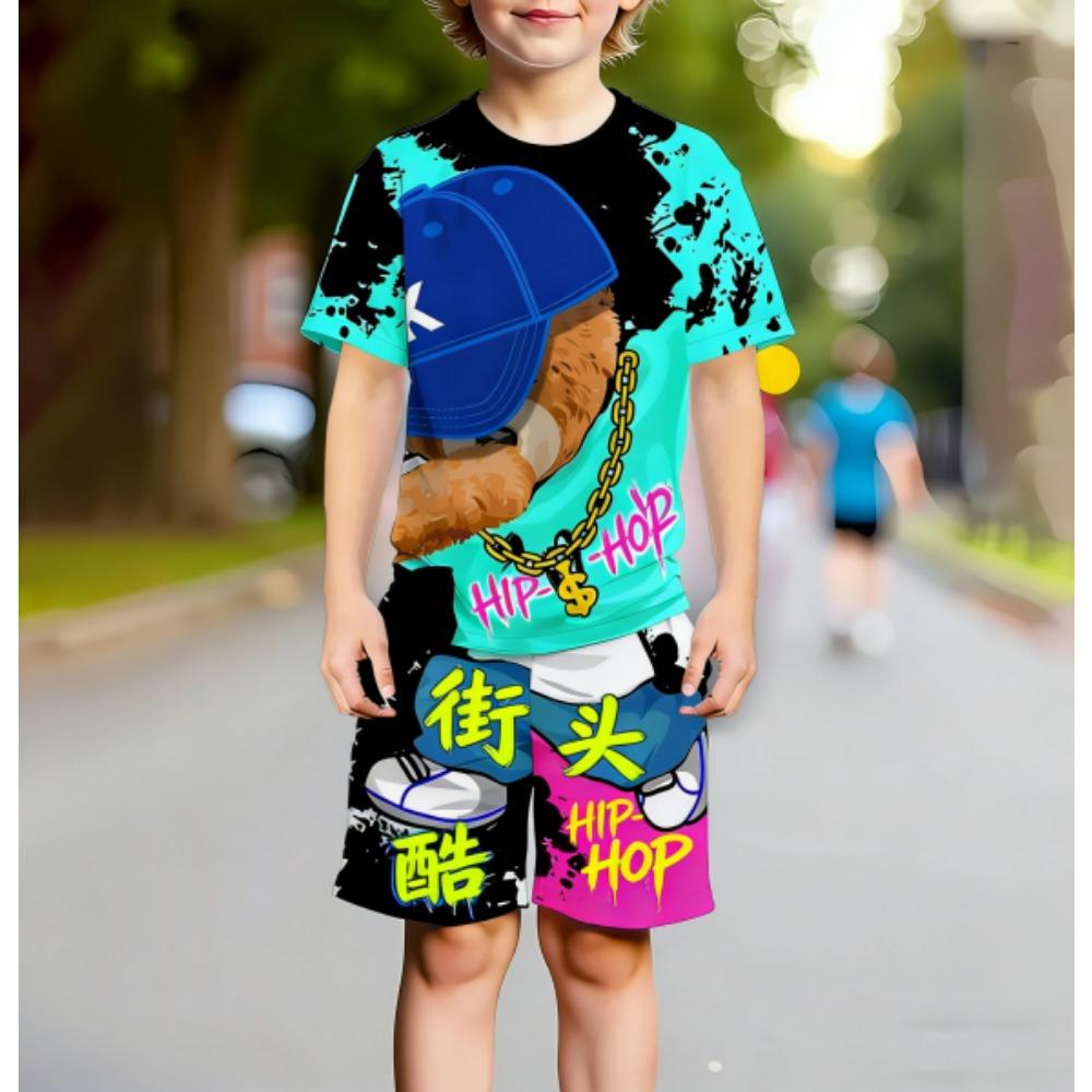 Europe and America Funny Bear Fashion Men's Set Summer Men's T-shirt and Shorts 2 Piece Set Outdoor Casual Men's and Women's Outfit