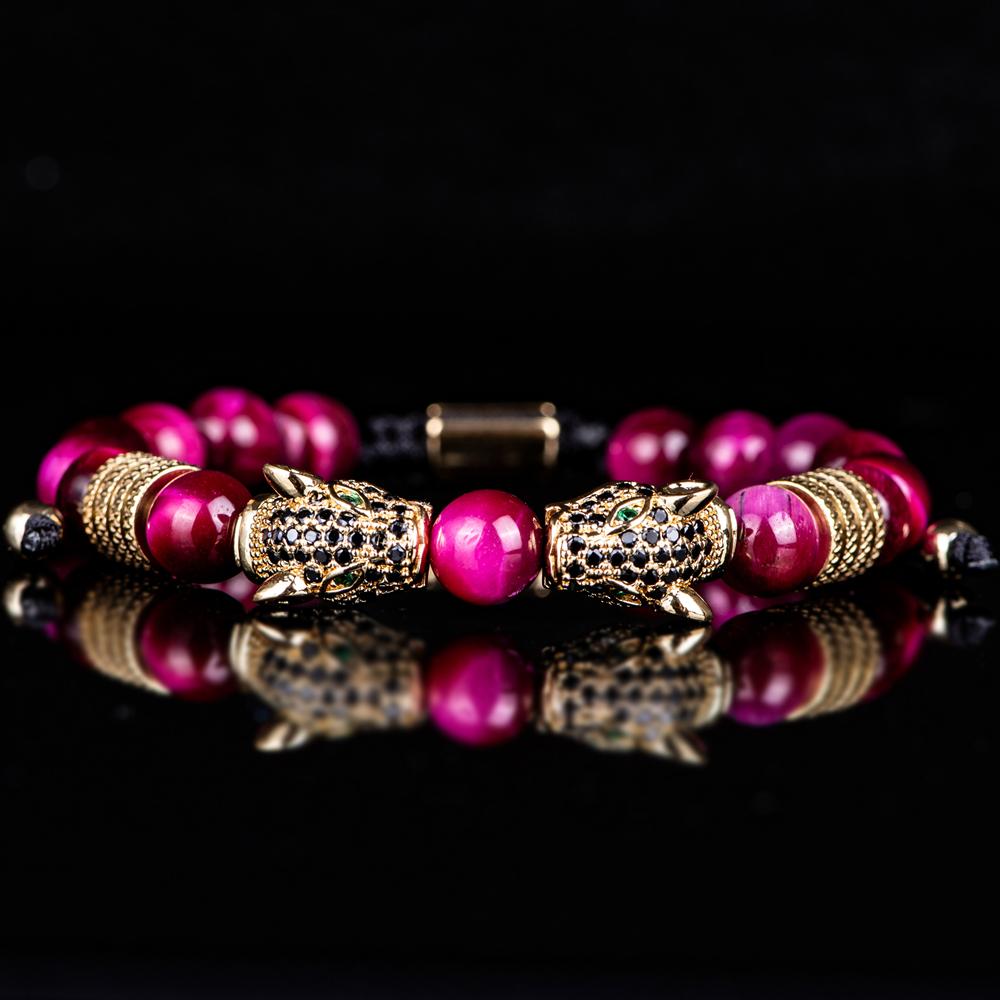 New Trend Double Leopard Head Handmade Tiger's-eye Bracelets  Accessories Handmade Men's Jewelry Pulseras Homme