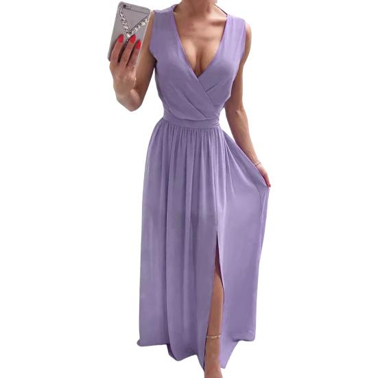 שמלת ערב נשים צווארון V ללא שרוולים קפלים מפוצלים מכפלת דקה אורך רצפת מותניים צבע אחיד מסיבת קוקטייל חתונה שמלת מקסי לנשף