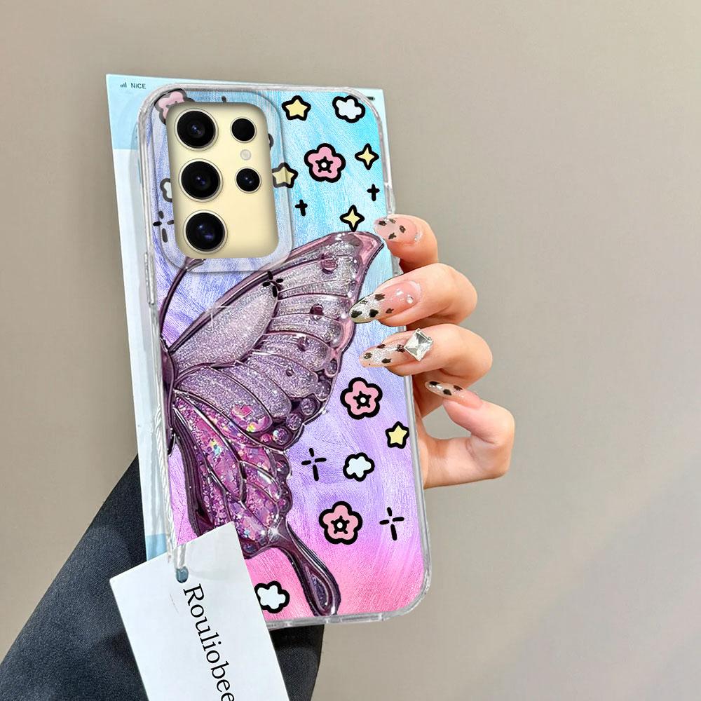 Green Butterfly Colorful Gradient Women Girls Phone Case for Samsung Galaxy S25 Edge S24 S23 S22 S21 FE Plus Ultra Shell Cover
