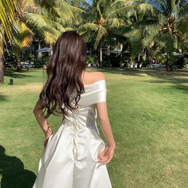 French Niche Dress, Women Can Usually Wear Fairy Dresses, Bow Ties, One-word Neck Tube Top, Photo Long Dress