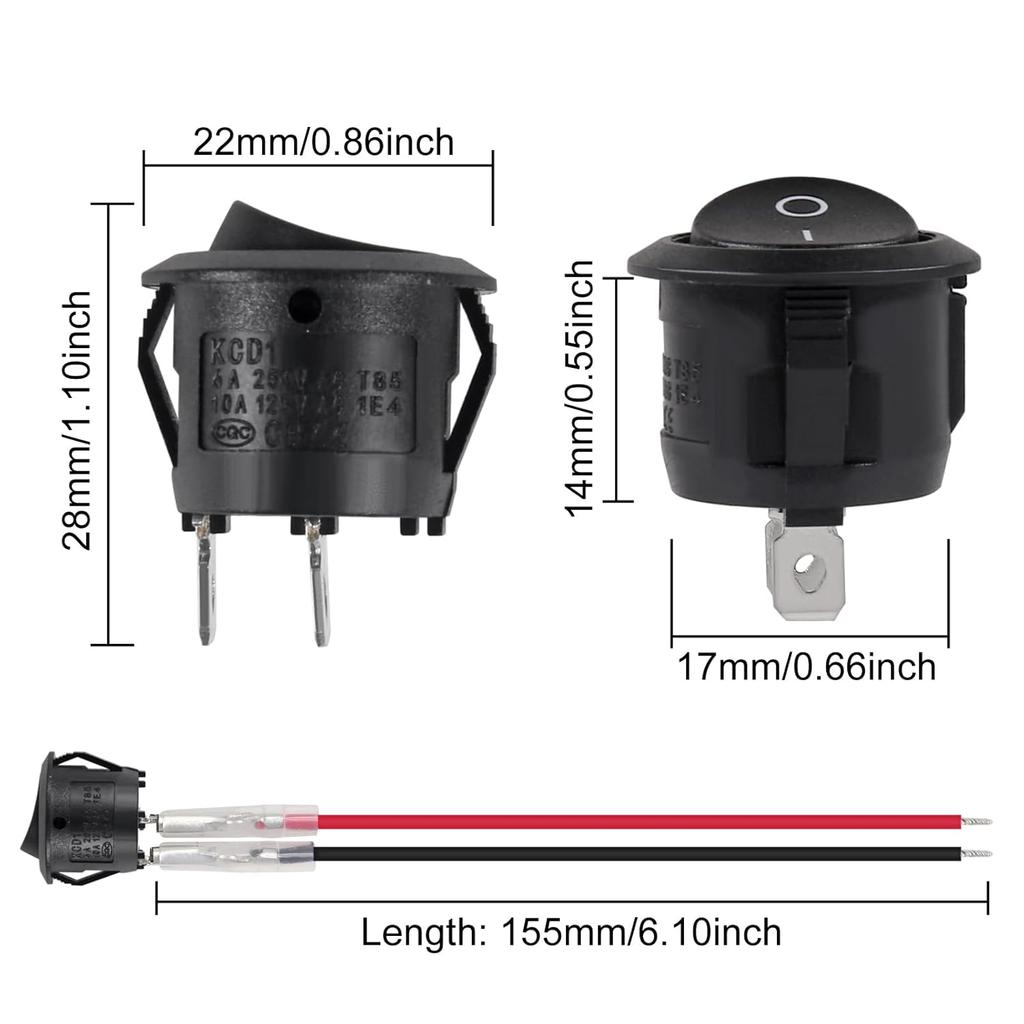6PCS 12 Volt DC Mini Circle Toggle Switch ON Off Round Rocker Switches SPST 20mm Mini for Car Automotive RV 2 Pin Switch 120V Wired KCD1