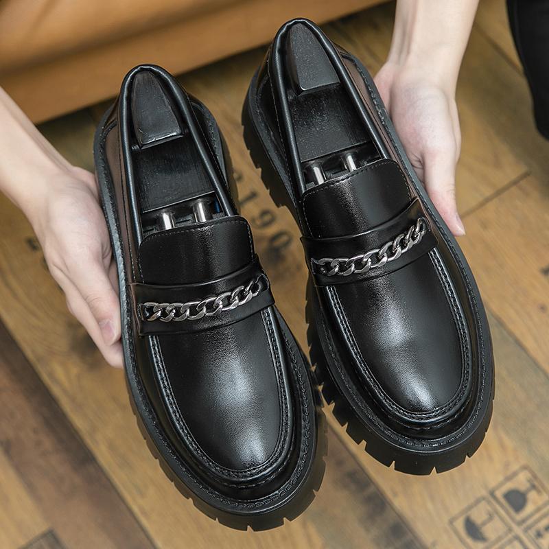 Fashion Spring Thick Sole Leather Shoes Metal Chain Loafers Round Head High Quality Slip-ons Business Formal Shoes Male Casual Moccasins