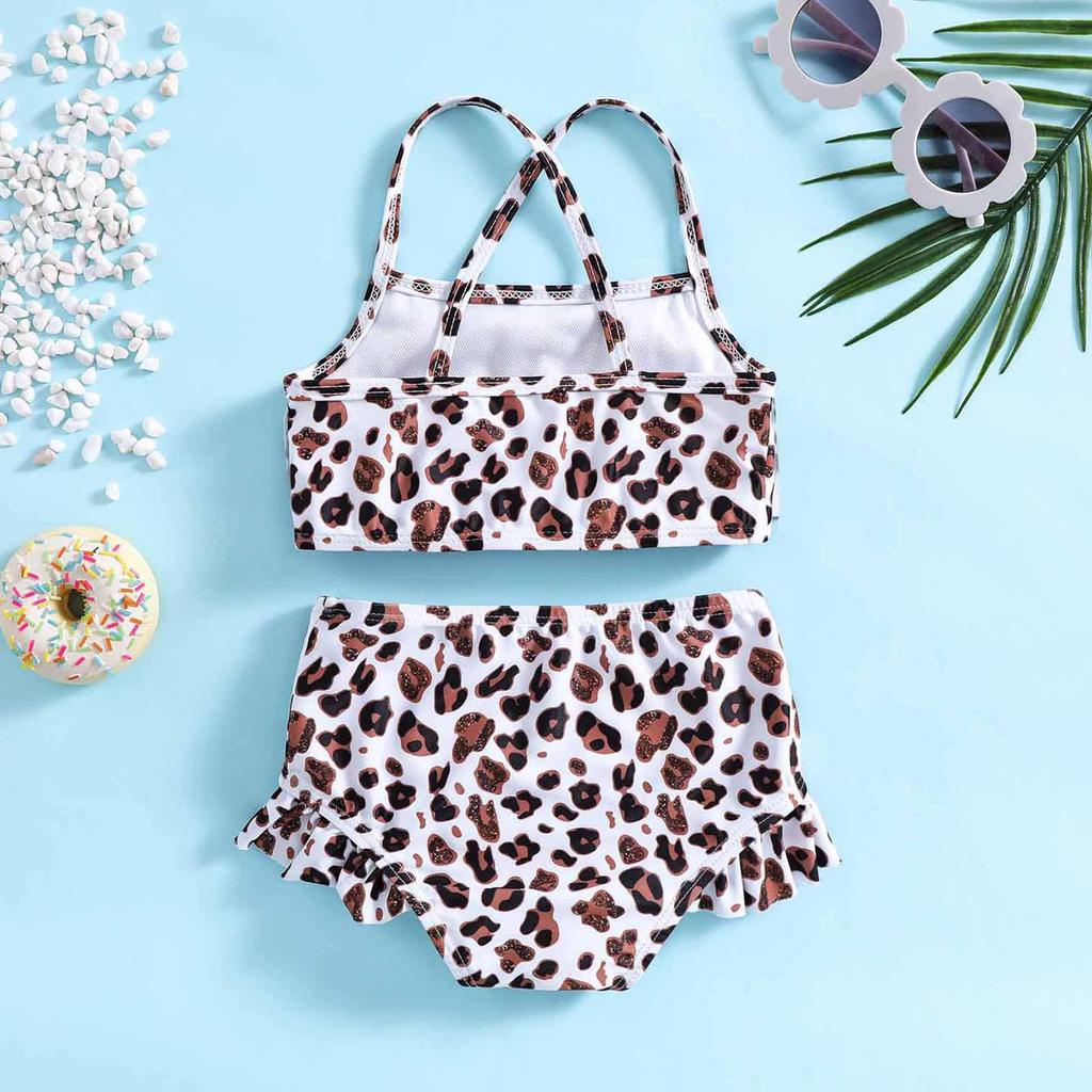 Sporty Puff Sleeve Leopard Print Girls' Two-Piece Swimsuit