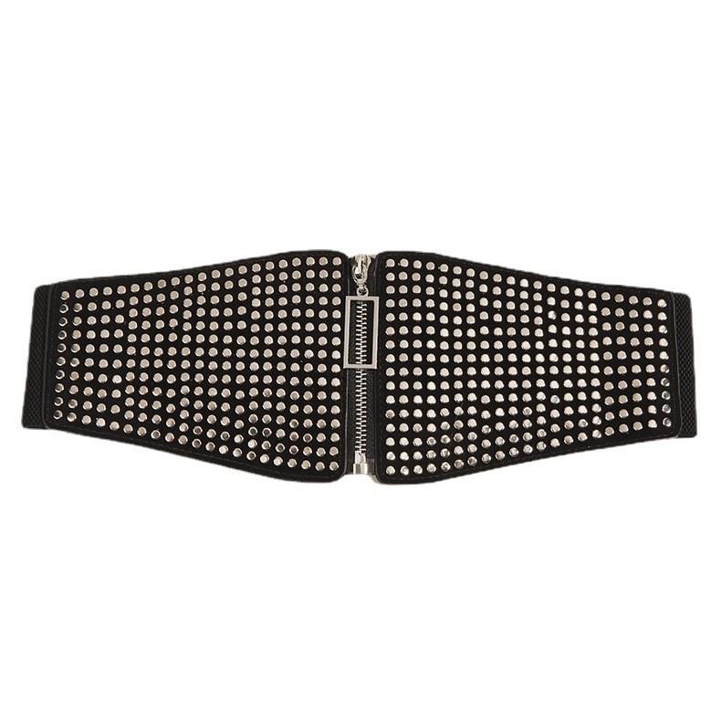 Small Multiple Flat Nail Zipper Waist Seal Waistband With Rivets Belt Black