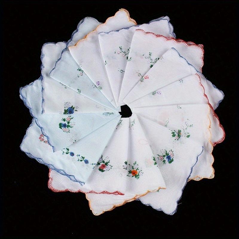 12pcs Women Cotton Printed Handkerchief Pocket Square Blossom Design with Wavy Edge Women Handkerchiefs