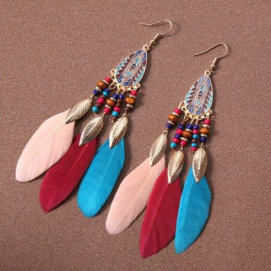 Vintage Long Feather Earrings Bohemian Ethnic Retro Women Chain Dangle Earr ca