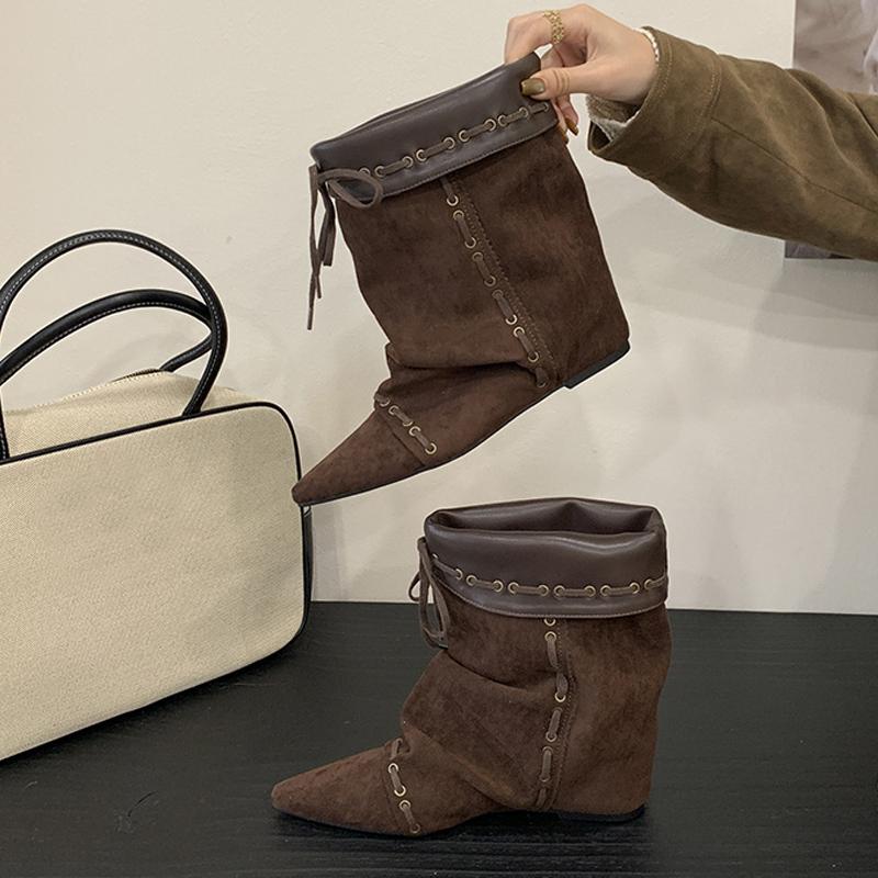Fashion Liyke Winter Street Style Woman Design Drawstring Lace Up Ankle Boots Fashion Inside Height Increasing Women Western Cowboy Shoe