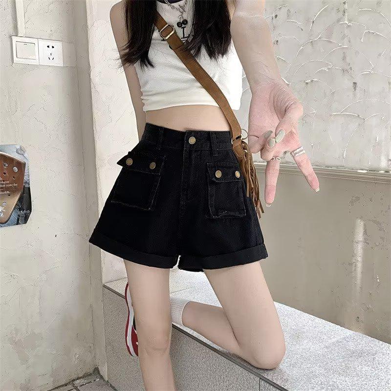 2025 Women's Black High-Waist A-Line Denim Shorts - Sexy, Slimming, Loose Fit, Wide Leg