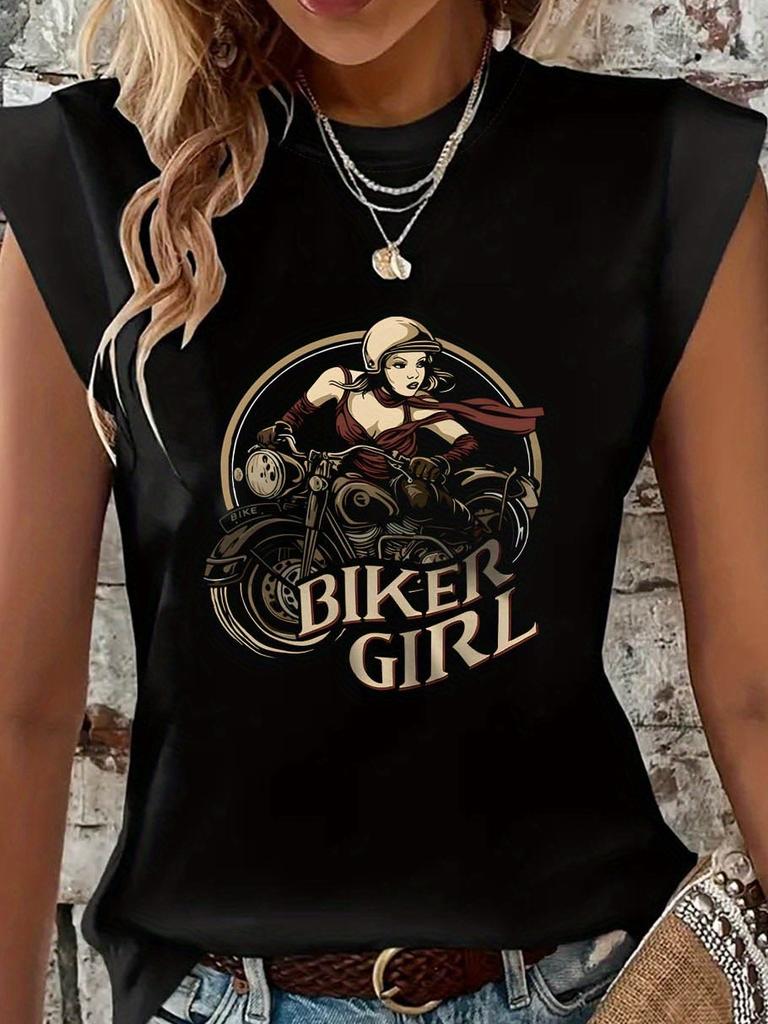 Biker Girl Motorrad Grafikdruck Ärmelloses T-Shirt
