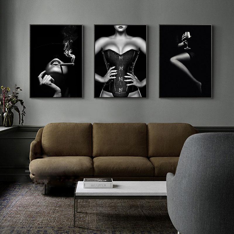 Modern Nude Woman Painting Poster Nordic Black White Lace Girl Picture Print Fashion Wall Canvas Art Hotel Bedroom Decor Cuadros