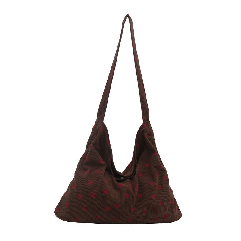Corduroy Strawberry Print Tote Bag With Magnetic Closure For Daily Use