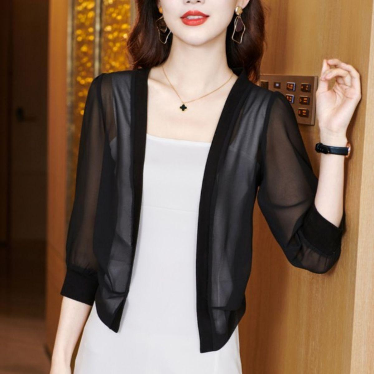 

Chic Spring Summer Women Cardigan Sunscreen Chiffon Coat Shirt Vintage Thin Tops Short Jackets Design Shawl 4XL чорний