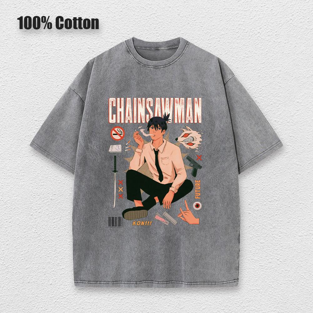 

Аниме Человек-бензопила Кислотная футболка Ретро Винтажная Выстиранная Принтованная Графическая Футболка Мужская Хлопковая Повседневная с Коротким Рукавом Футболка Топы 2XL