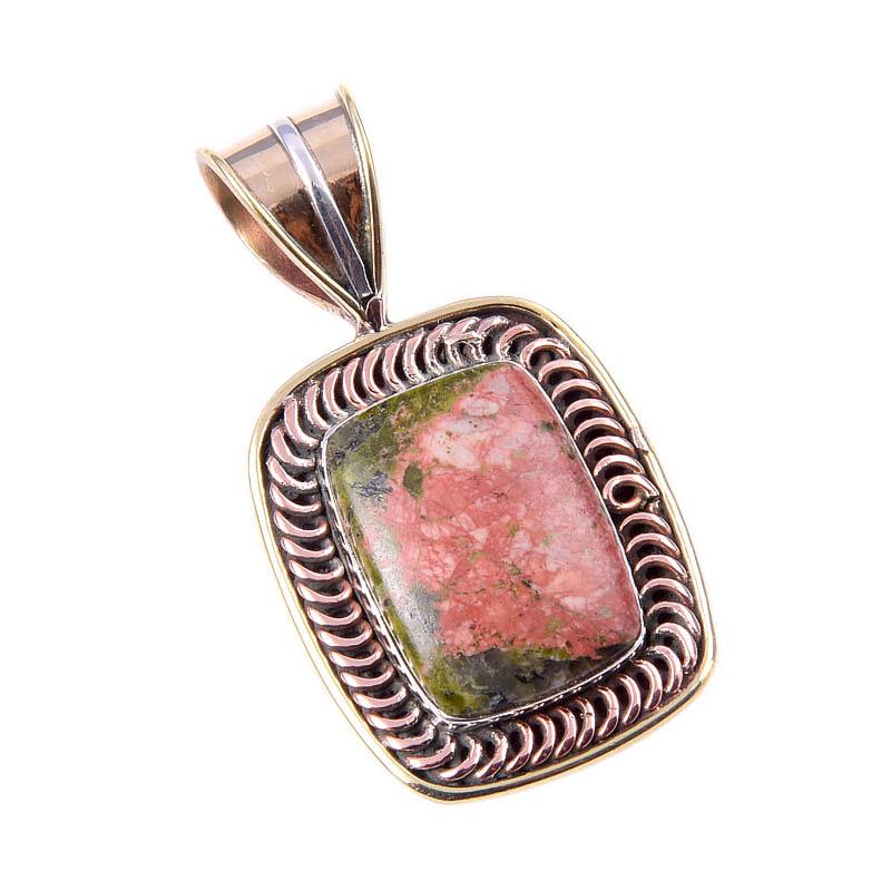 Natural Unakite Gemstone 925 Solid Sterling Silver Two Tone Pendant 1.50" Z7u18