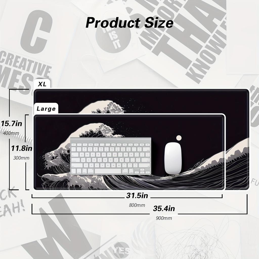 XXL Large Black Wave Design Desk Mat Anti-Slip Rubber Mouse Pad Keyboard Pad for Computer Work Gaming Black Desk Accessories