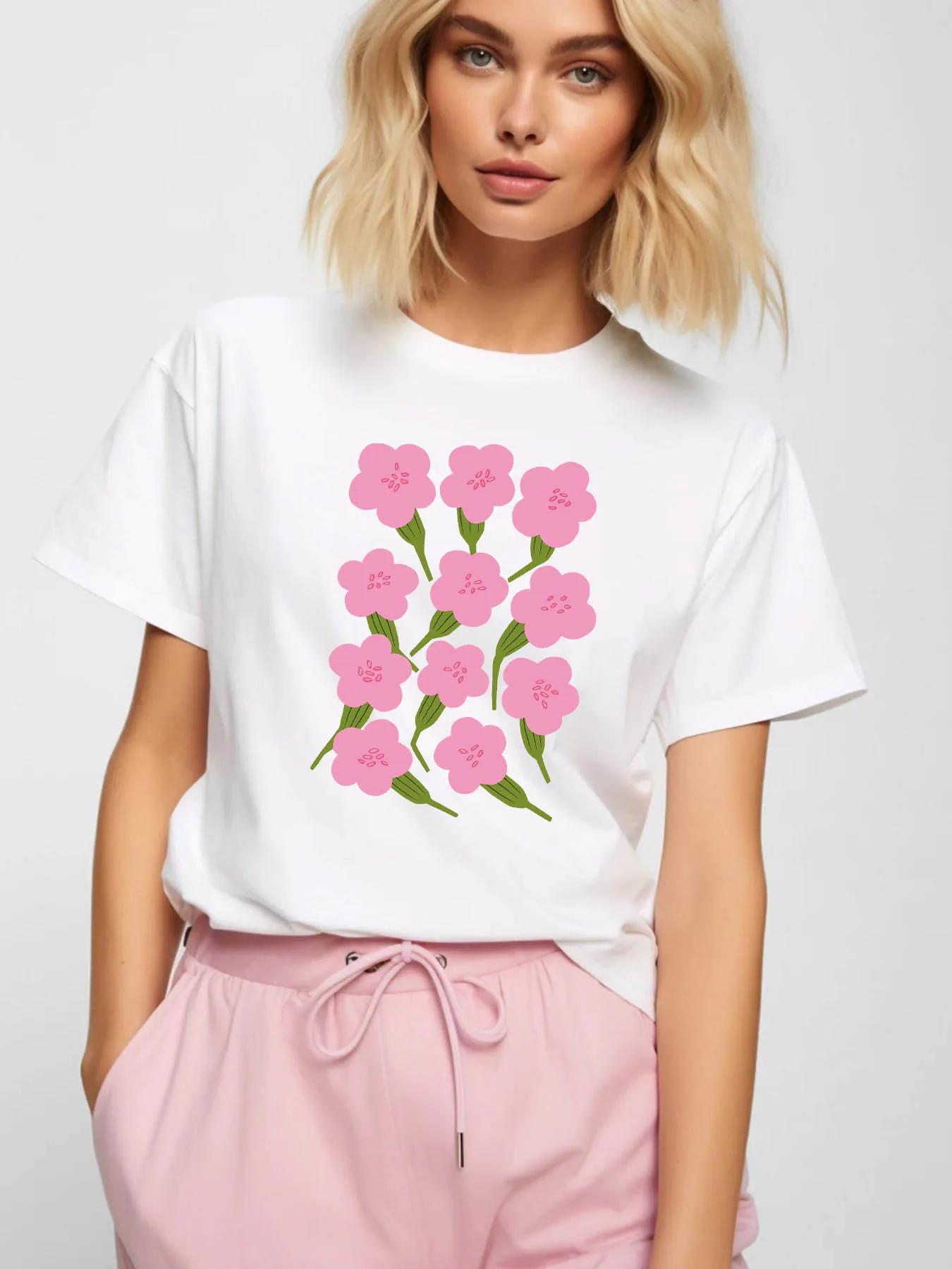 

Casual Polyester Elastane Blend Regular Length Spring Women S Clothing Simple Cartoon Flowers Graphic Print Sleeve Crew Neck Top 4XL