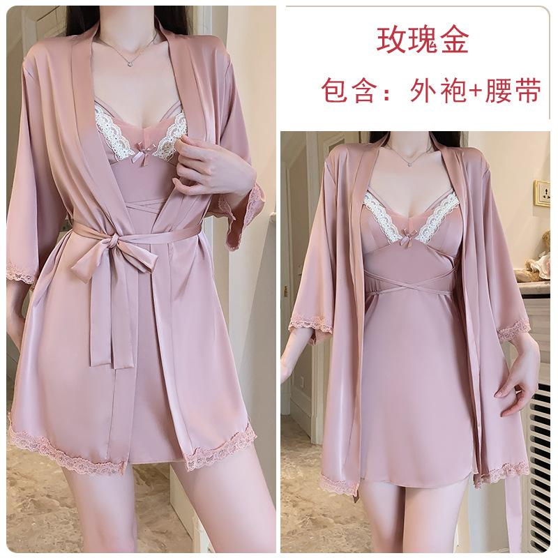Women's Silky Comfy Padded Tie Sleep Dress with Robe Lounge Set