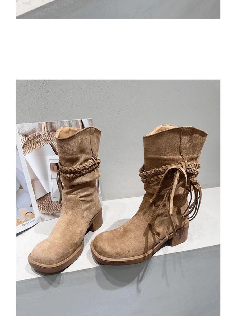 Buty rycerskie z frędzlami Wasteland: Jesień 2025 Botki Kowbojskie z Miękkiego Zamszu na Grubym Obcasie do Połowy Łydki z Wycięciem w Serek