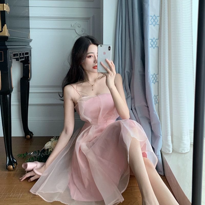 Sweet and Super Fairy Mesh Dress Women's Sleeveless Ruffle Mesh Camisole Dress High Waist A Line Short Mini Skirt Suitable for Parties Vacations