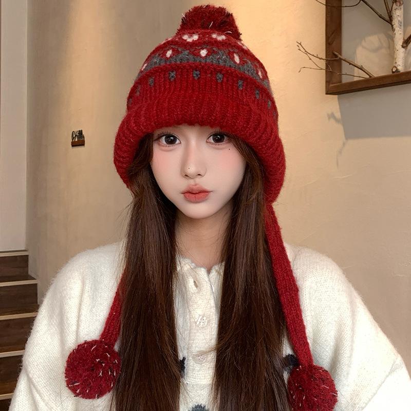 Vintage Fair Island Hat Women'S Windproof And Cold-Proof Wool Hat Warm Ear Protector Lei Feng Hat Show Face Small Knitted Hat