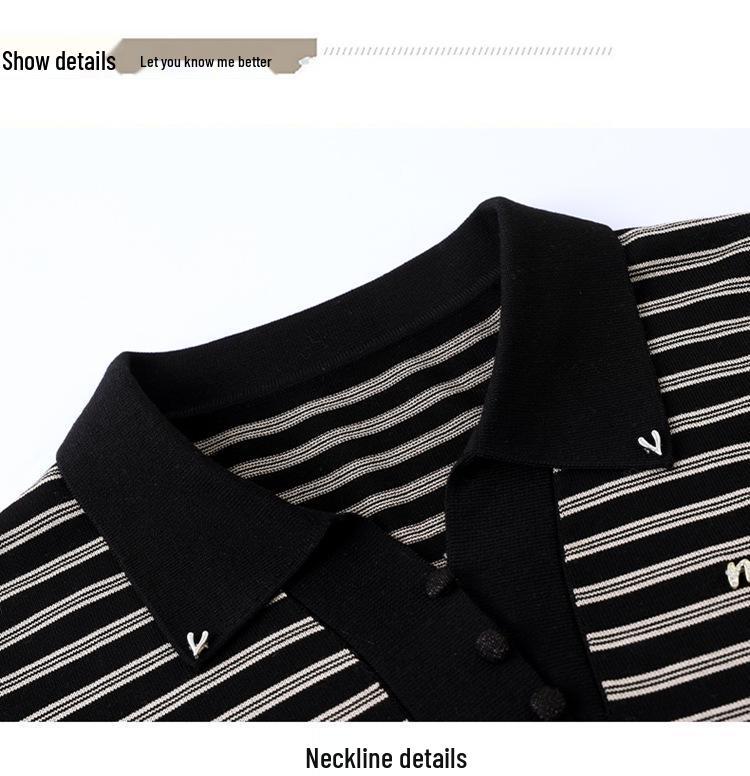 Mom's Stylish Spring Striped Lapel Knitwear for Middle-Aged & Elderly Women - Age-Reducing, Loose Fit T-shirt Top