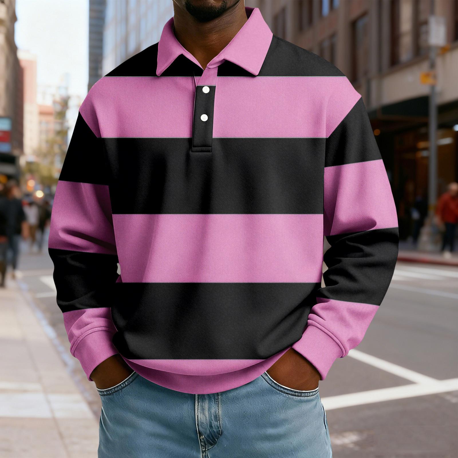 

Чоловічий повсякденний вільний топ з колорблочним принтом, лацканами на ґудзиках та довгими рукавами XL рожевий