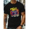 European Size Graphic Print Men's Short Sleeve T-Shirt, Lightweight Polyester Crew Neck Tee with Retro Boombox Design, Casual Summer Top for Adults