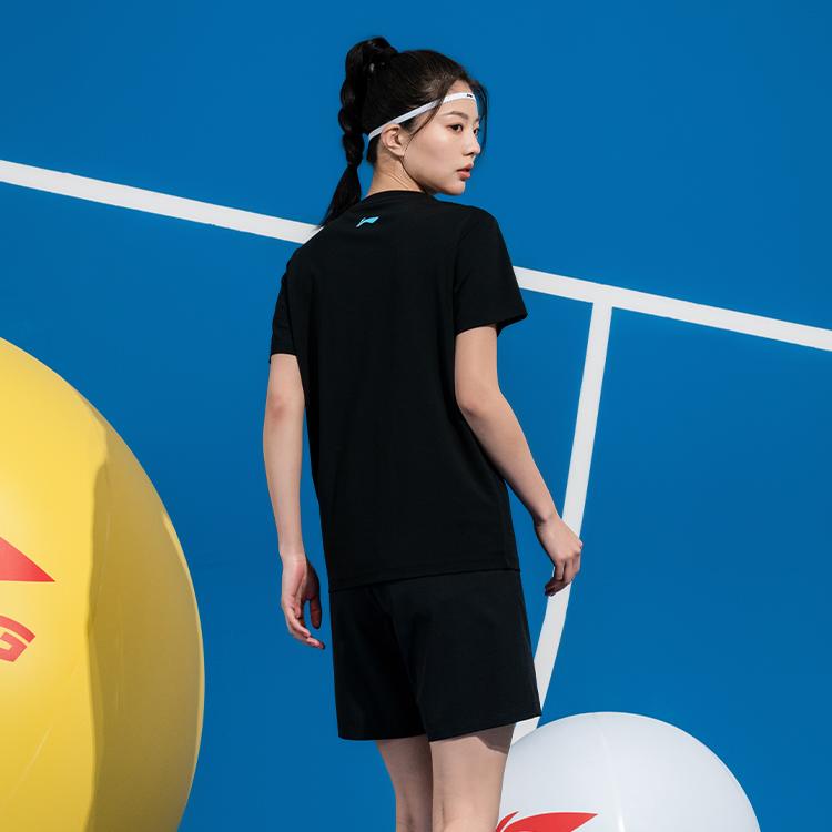 Li Ning College Style Solid Color Breathable Cool Short Sleeve Dirt Resistant Shorts Casual Sports Set Unisex Sets Black ATSV607-1+AKSV675-1