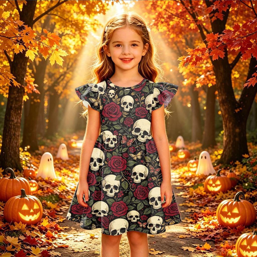 Girls Halloween Print Dress Casual Sleeve Party Dress for Children Holiday Outfit