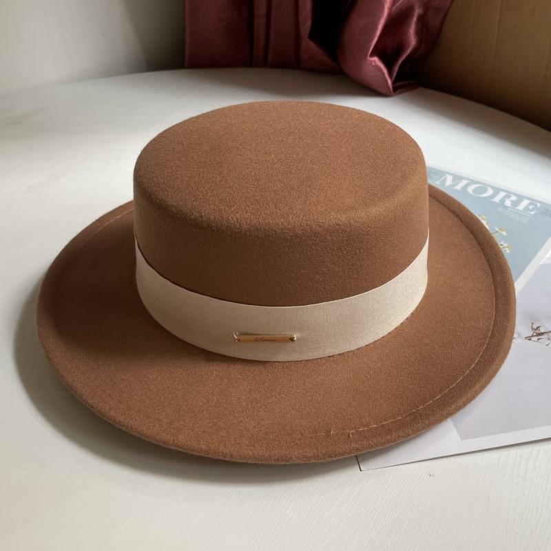 Hat Women's Autumn and Winter Flat Top Hat Wool Felt Hat British Retro French Elegant Fashion Versatile Warm Hat