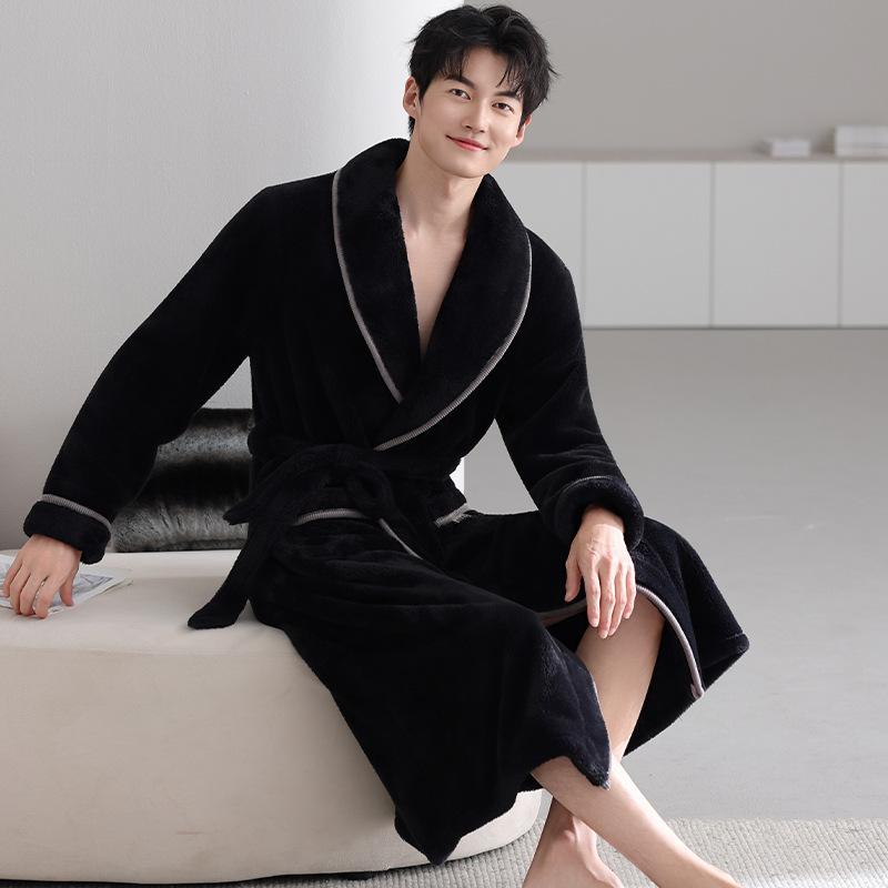 Coral Fleece Nightgown Men'S Pajamas Autumn And Winter Fleece Thickened Thermal Flannel Medium And Long Bathrobe