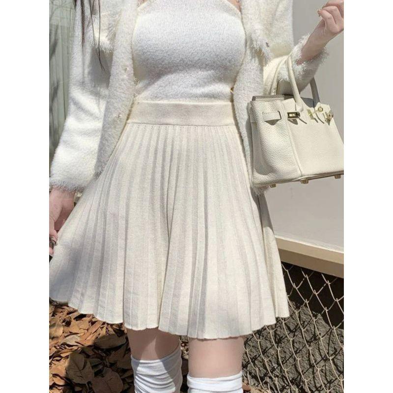 High Waisted A- Line Knitted Short Skirt High Waist A- Line Knitting Pure Color Skirt