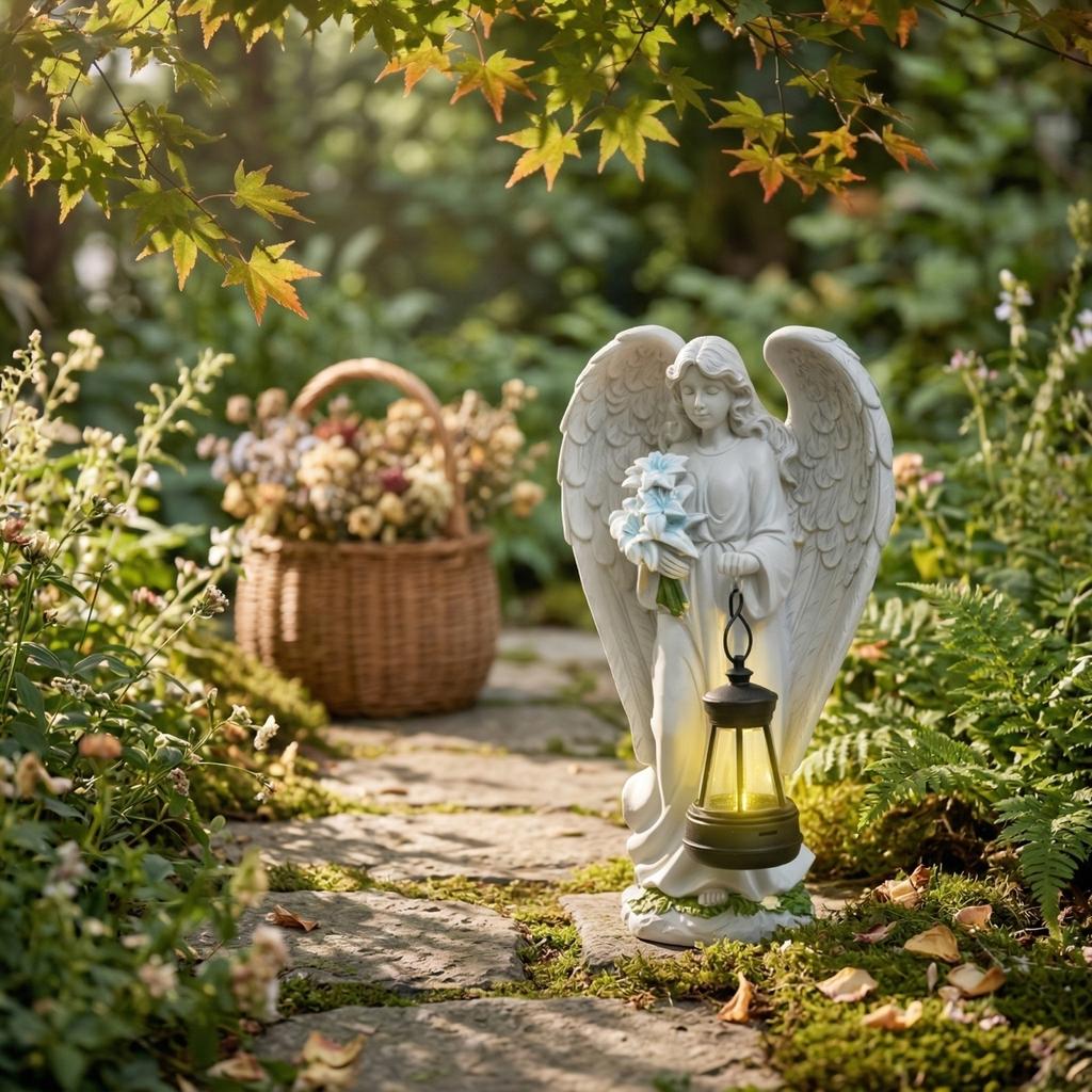 Anioł z żywicy z latarnią i bukietem kwiatów do dekoracji ogrodu, tarasu, podwórka. Ornament pamiątkowy