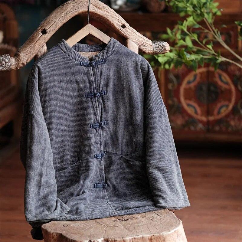Johnature Dámské Vintage pruhovaný stojánek Parky Button Plus Bavlna Patchwork Kapsy Kabáty Zimní Dlouhý rukáv Teplé Parky