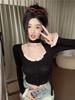 Lace Patchwork Long Sleeve Slimming T-Shirt - Early Autumn Women's Korean Style Cardigan.