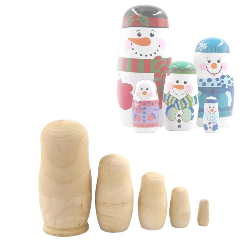 Diy 5pcs Unpainted Blank Wooden Embryos Russian Nesting Dolls Toy Matryoshka