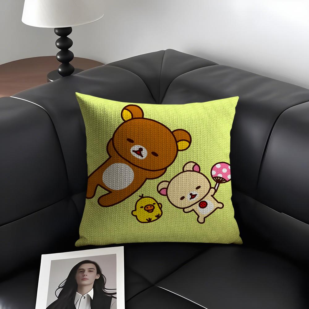 RRilakkuma Cartoon Cushion Cover Natural Linen Organic Fabric DoubleSided Printing Sofa Home Decor Gift Pillow Case