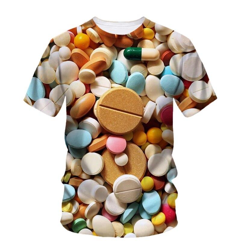 Modne nowe, oryginalność Pill Graphic T-shirty dla mężczyzn Casual Artystyczny trend osobowości Zabawne drukowane koszulki z krótkim rękawem i okrągłym dekoltem