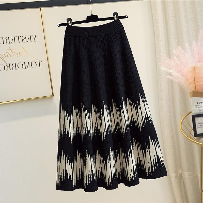Autumn/Winter Knitted Skirt for Women Geometric Pattern Medium Length High Waisted Skirt A-line Long Skirt