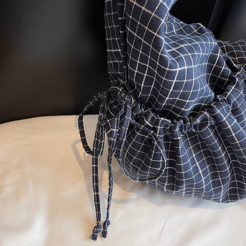 Women's Large Capacity Crossbody Bag Canvas Pleated Plaid Nylon Bag Commuter Shoulder Bag