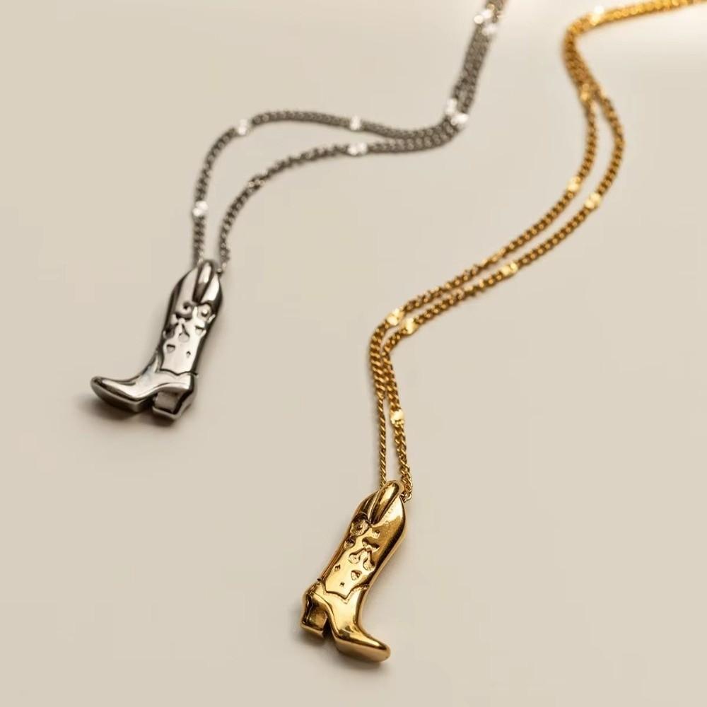 Silver Boot Cowboy Boot Necklace Stainless Steel Collarbone Chain Choker Necklace Pendant Unisex