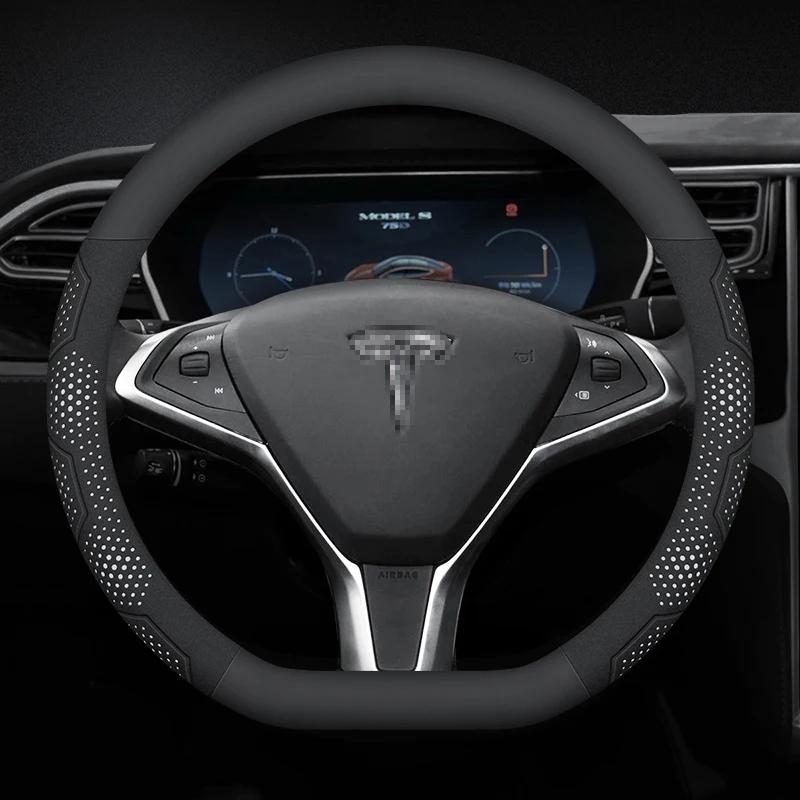Carbon Fiber Suede Microfiber Leather Steering Wheel Cover for Tesla Model 3 Model Y Model S Model X Anti-slip Car Accessory