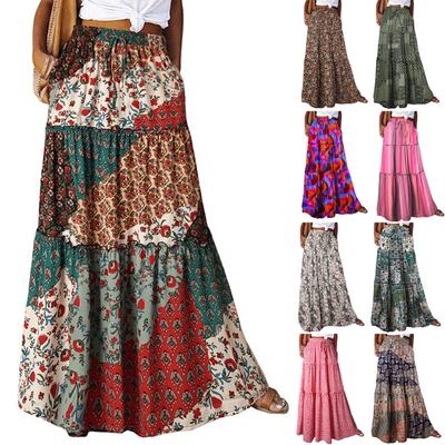 Women's Fashion Bohemian Print Elastic Waist Skirt Loose Casual High Waist Tie Long Skirt