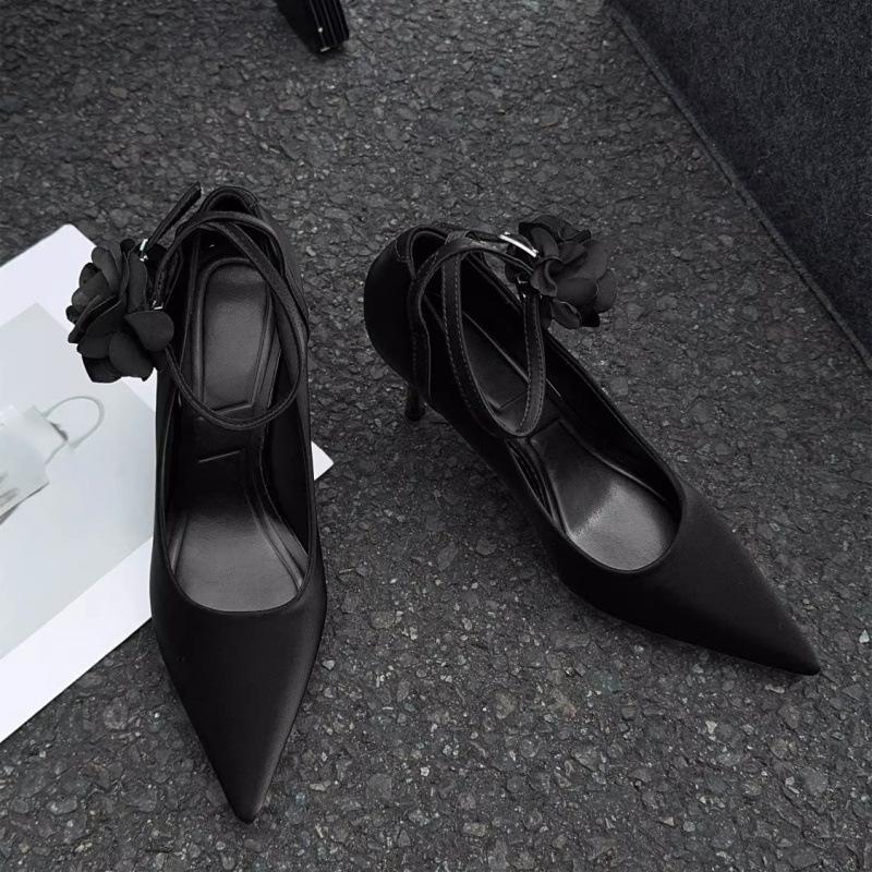 

French flower personalized silver high heels women s 2025 autumn new versatile stiletto pointed one-word buckle strap single shoes 40