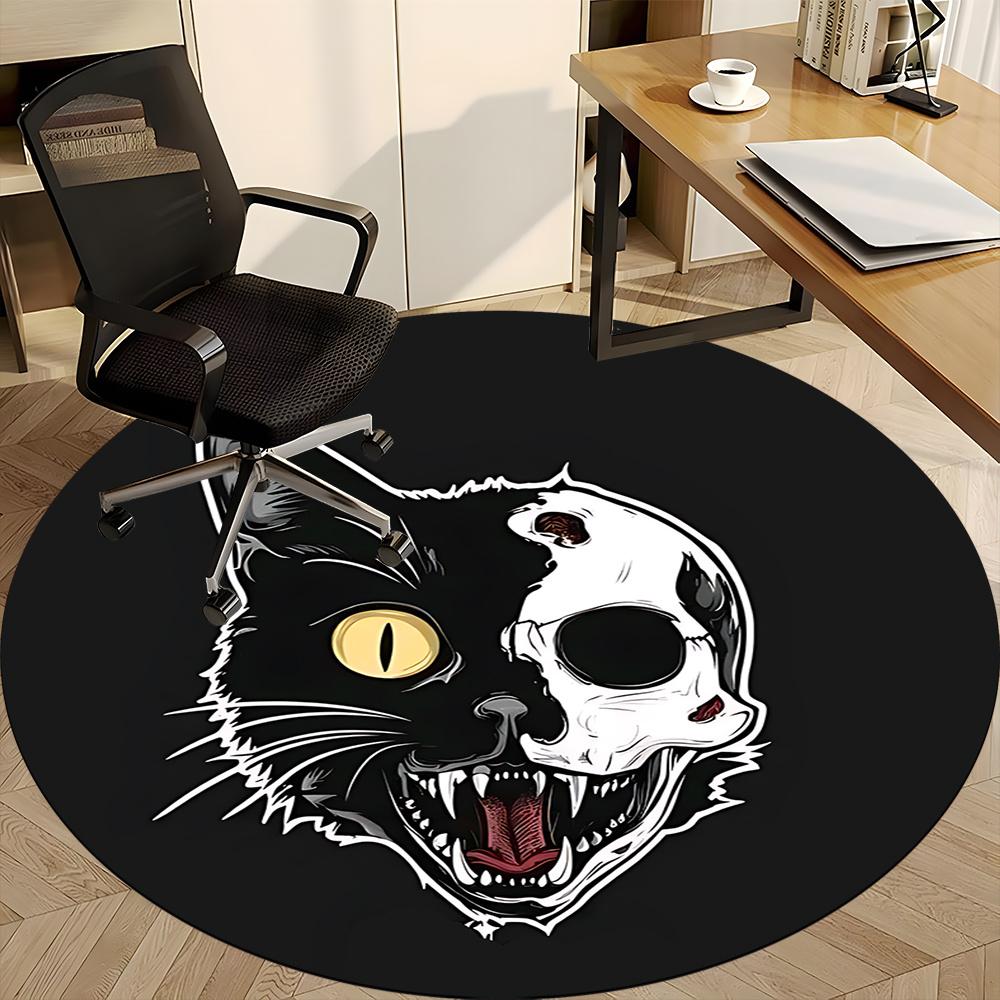 1pc Cat Skull Office Round Area Rug, Indoor Mat Suitable ForOffice, Under Office Chairs Bedroom Living Room Home Decor, Room Deco u69